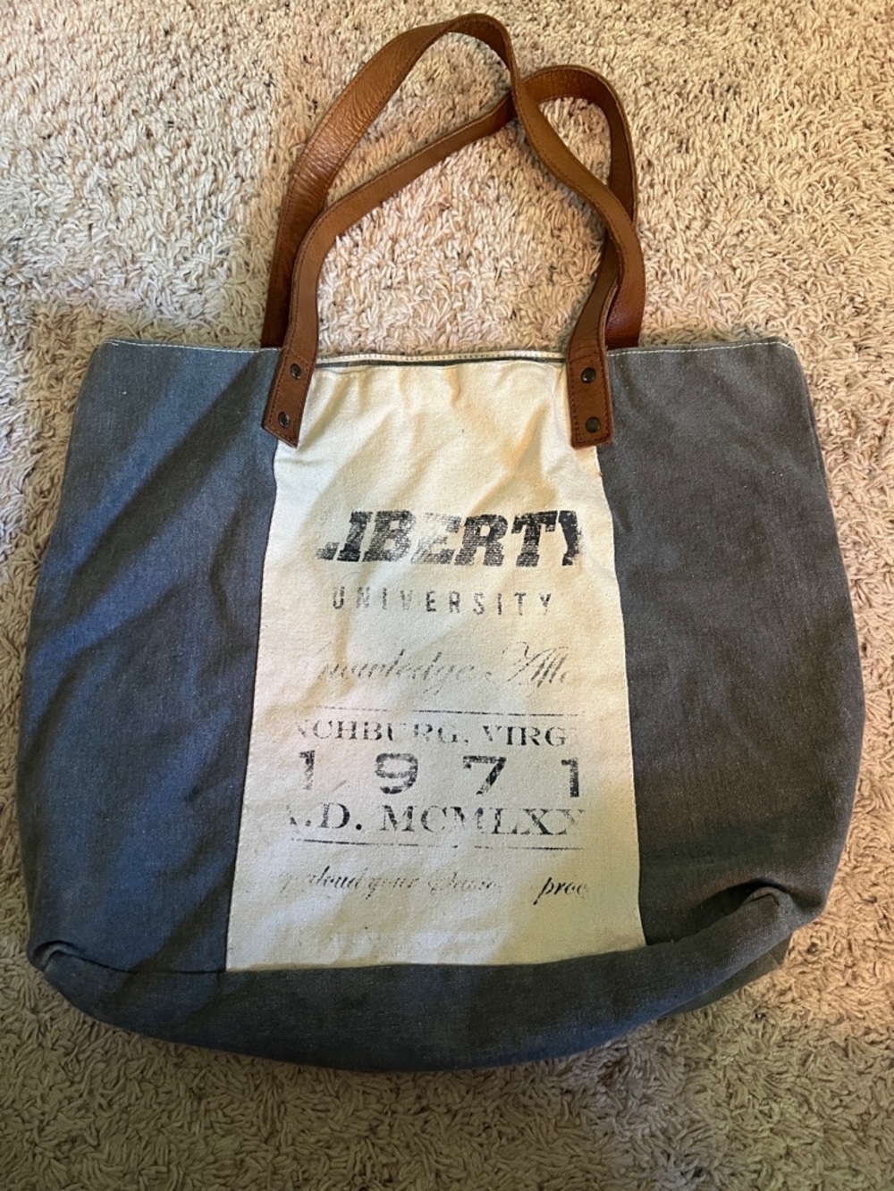 Liberty University Canvas Tote Bag in Gray-Blue, Cream & Brown
